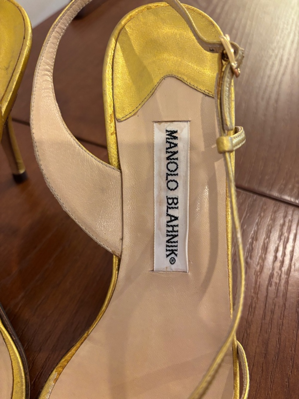 Manolo Blahnik Metallic Gold Strappy Slingback Heels - Picture 5 of 5